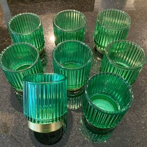 Set of 8 Green Ribbed Glass Candle Holders